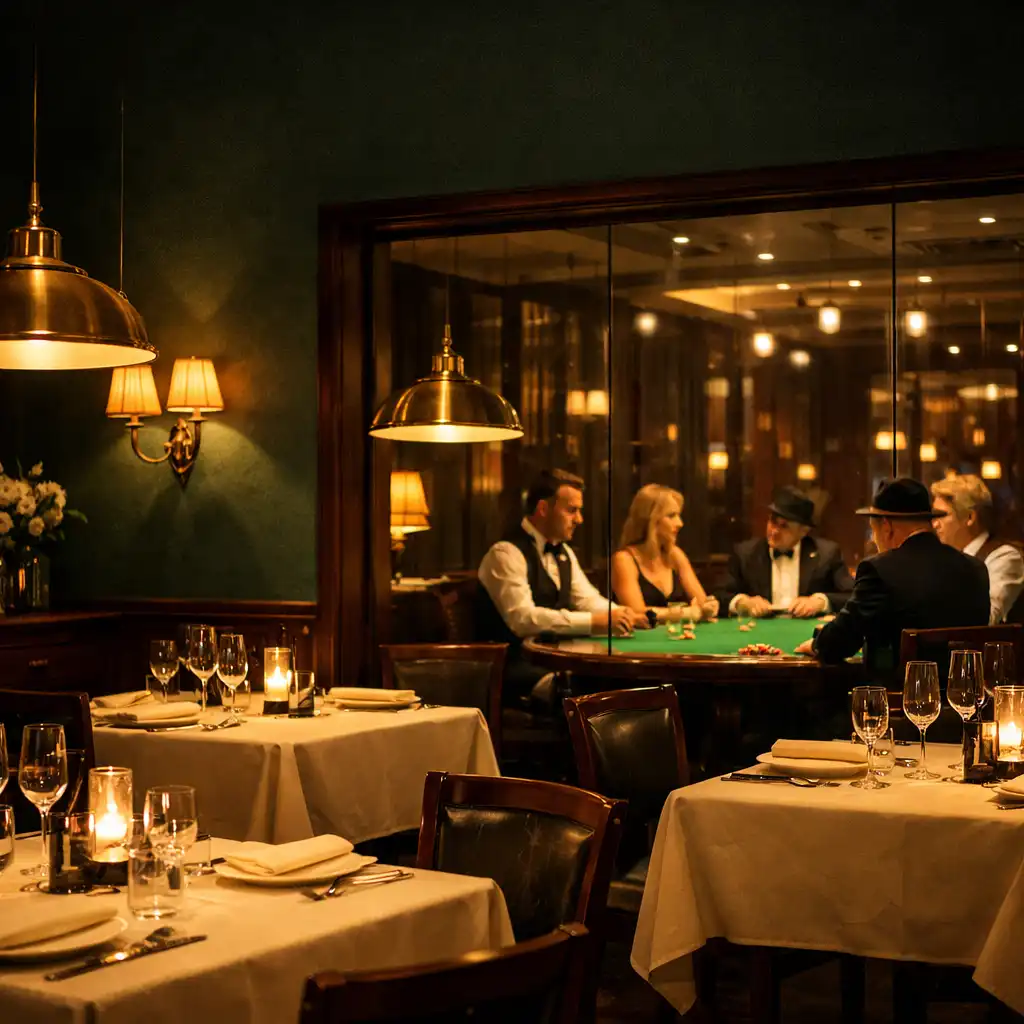 Wieczorne wnętrze restauracji Stol Vexira z ciepłym światłem i widokiem na strefę pokerową w tle