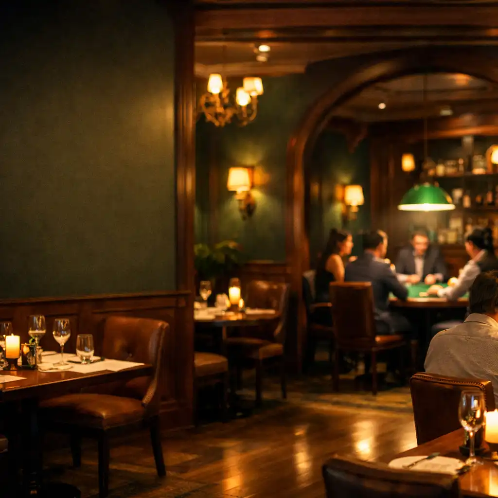 Eleganckie wnętrze restauracji Stol Vexira z widocznym stołem pokerowym w tle, ciepłe wieczorne światło, głęboka zieleń i mosiężne detale