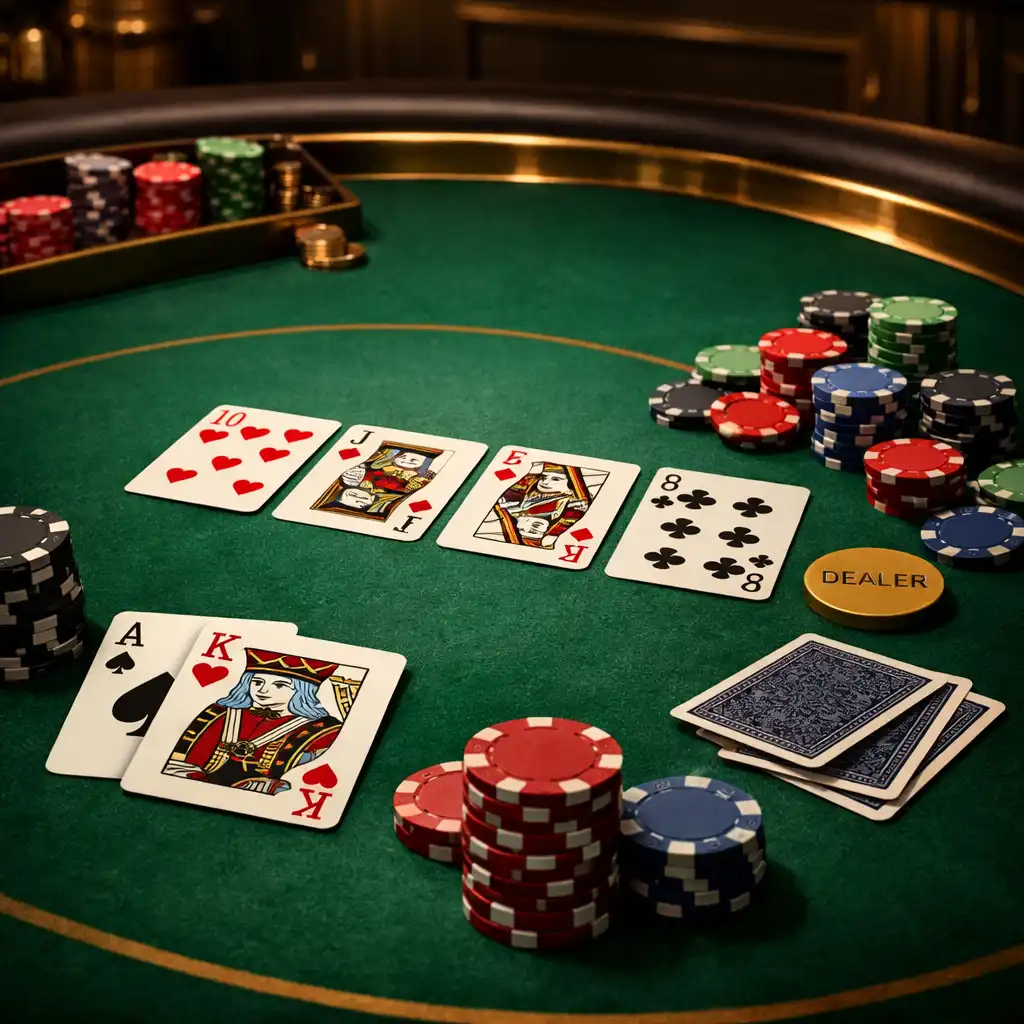 Profesjonalny stół pokerowy z zielonym suknem, kartami i żetonami w przyciemnionym pomieszczeniu z mosiężnymi akcentami
