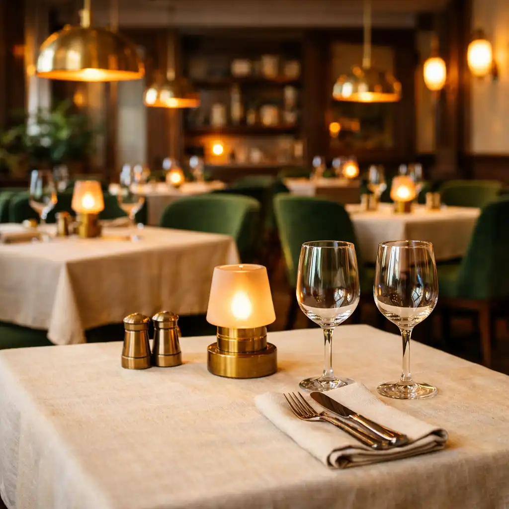 Główna sala restauracyjna Stol Vexira z nakrytymi stołami, mosiężnymi lampami i zielonymi krzesłami