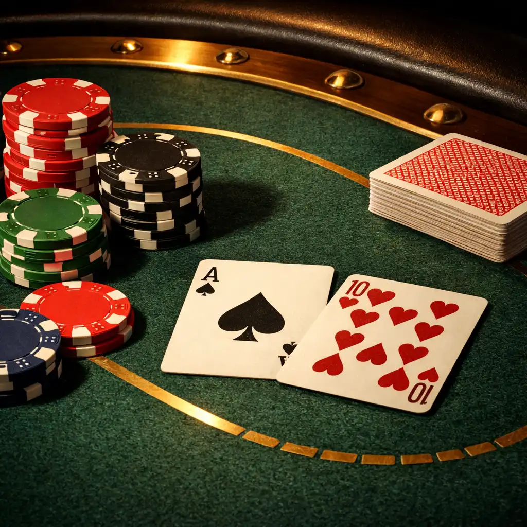 Zbliżenie na powierzchnię profesjonalnego stołu pokerowego z fakturą filcu, mosiężnymi wstawkami, żetonami i kartami