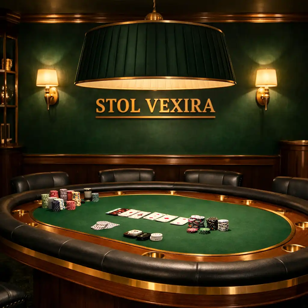 Profesjonalny stół pokerowy z orzecha z mosiężnymi wstawkami i zielonym suknem w strefie gier Stol Vexira