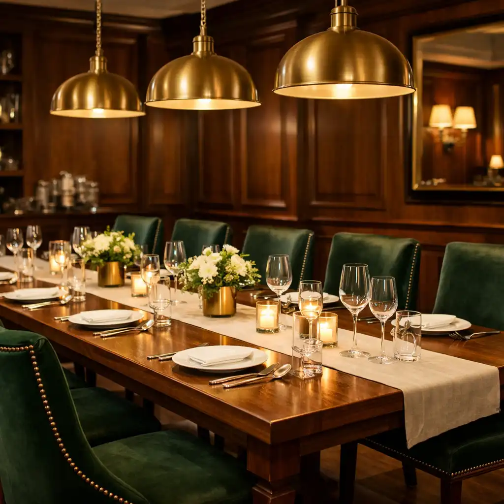 Eleganckie wnętrze restauracji Stol Vexira z dużym stołem bankietowym, krzesłami w kolorze butelkowej zieleni i mosiężnymi lampami